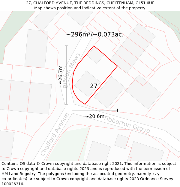 27, CHALFORD AVENUE, THE REDDINGS, CHELTENHAM, GL51 6UF: Plot and title map