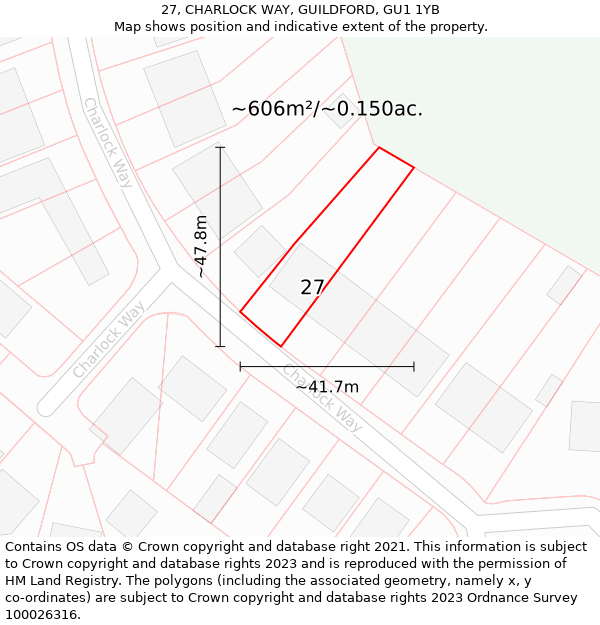 27, CHARLOCK WAY, GUILDFORD, GU1 1YB: Plot and title map