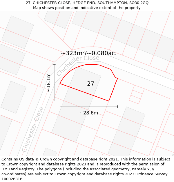 27, CHICHESTER CLOSE, HEDGE END, SOUTHAMPTON, SO30 2GQ: Plot and title map