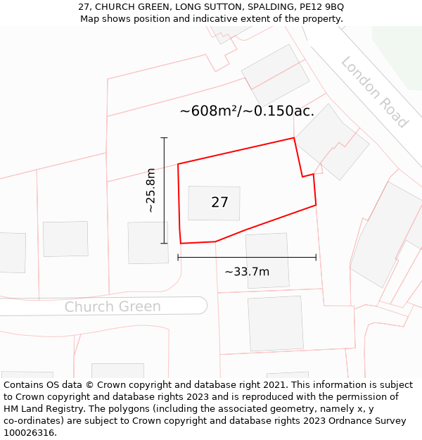 27, CHURCH GREEN, LONG SUTTON, SPALDING, PE12 9BQ: Plot and title map