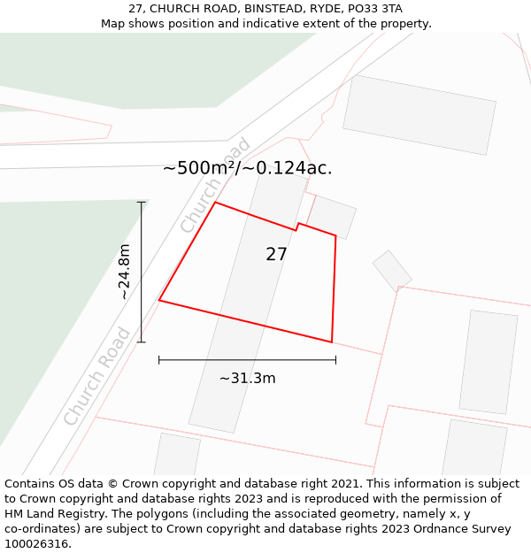 27, CHURCH ROAD, BINSTEAD, RYDE, PO33 3TA: Plot and title map