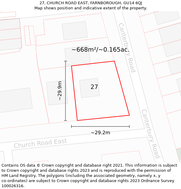 27, CHURCH ROAD EAST, FARNBOROUGH, GU14 6QJ: Plot and title map