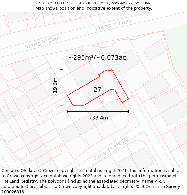 27, CLOS YR HESG, TREGOF VILLAGE, SWANSEA, SA7 0NA: Plot and title map