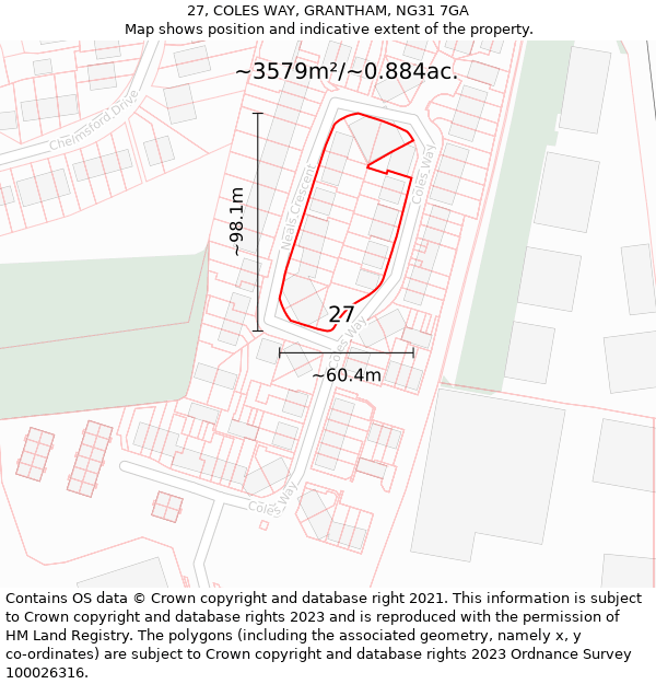 27, COLES WAY, GRANTHAM, NG31 7GA: Plot and title map