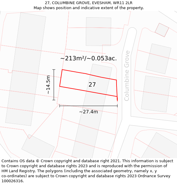 27, COLUMBINE GROVE, EVESHAM, WR11 2LR: Plot and title map