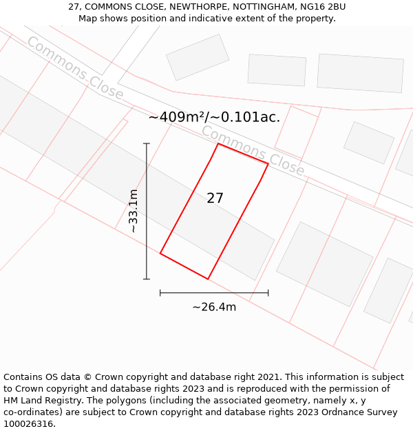 27, COMMONS CLOSE, NEWTHORPE, NOTTINGHAM, NG16 2BU: Plot and title map