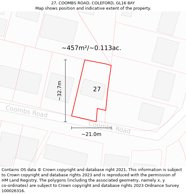 27, COOMBS ROAD, COLEFORD, GL16 8AY: Plot and title map