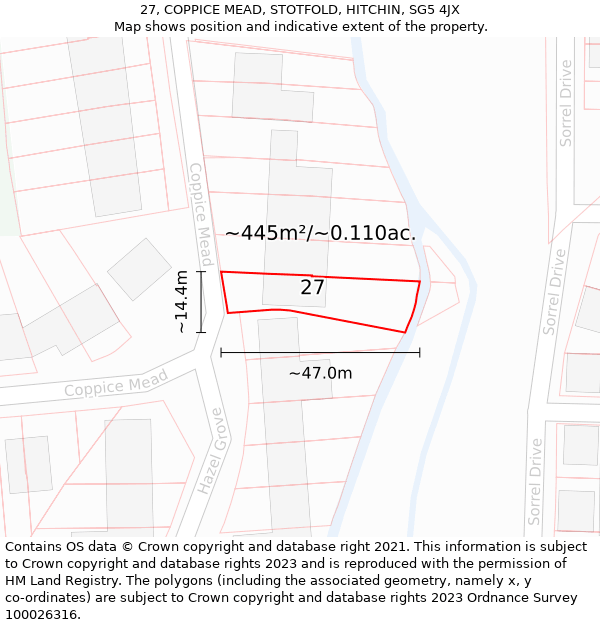 27, COPPICE MEAD, STOTFOLD, HITCHIN, SG5 4JX: Plot and title map