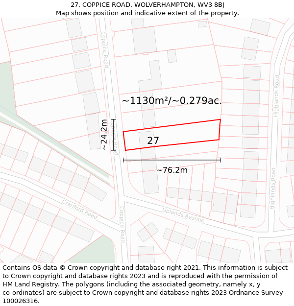 27, COPPICE ROAD, WOLVERHAMPTON, WV3 8BJ: Plot and title map