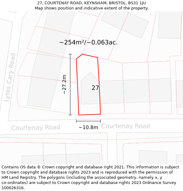 27, COURTENAY ROAD, KEYNSHAM, BRISTOL, BS31 1JU: Plot and title map