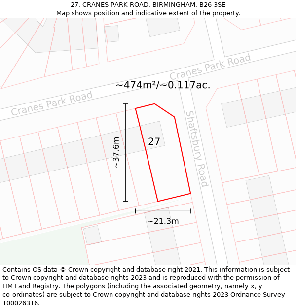 27, CRANES PARK ROAD, BIRMINGHAM, B26 3SE: Plot and title map