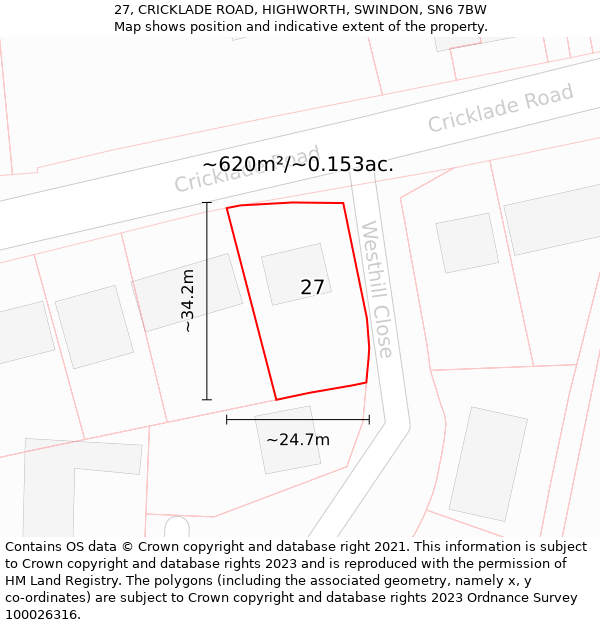 27, CRICKLADE ROAD, HIGHWORTH, SWINDON, SN6 7BW: Plot and title map