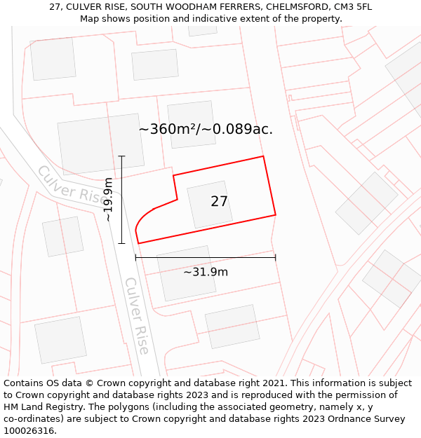 27, CULVER RISE, SOUTH WOODHAM FERRERS, CHELMSFORD, CM3 5FL: Plot and title map