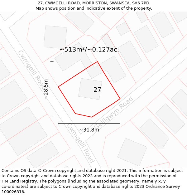 27, CWMGELLI ROAD, MORRISTON, SWANSEA, SA6 7PD: Plot and title map