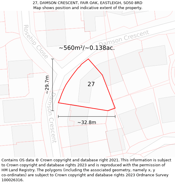 27, DAMSON CRESCENT, FAIR OAK, EASTLEIGH, SO50 8RD: Plot and title map