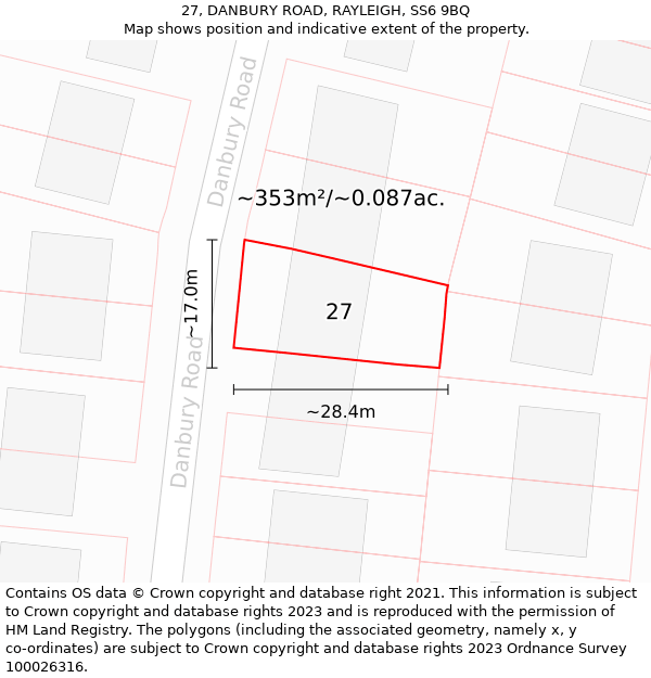 27, DANBURY ROAD, RAYLEIGH, SS6 9BQ: Plot and title map