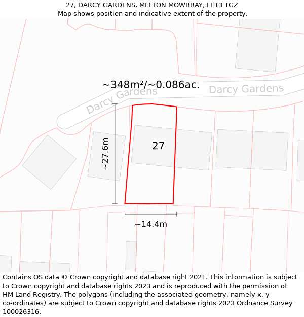 27, DARCY GARDENS, MELTON MOWBRAY, LE13 1GZ: Plot and title map