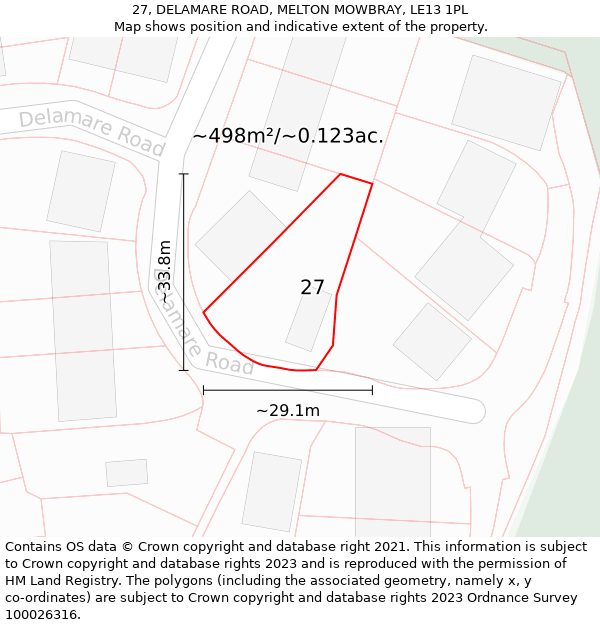 27, DELAMARE ROAD, MELTON MOWBRAY, LE13 1PL: Plot and title map