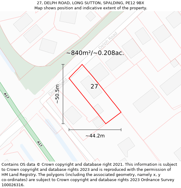 27, DELPH ROAD, LONG SUTTON, SPALDING, PE12 9BX: Plot and title map