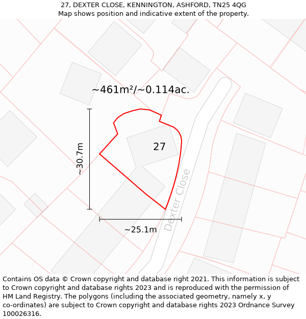 27, DEXTER CLOSE, KENNINGTON, ASHFORD, TN25 4QG: Plot and title map