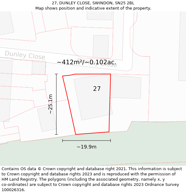 27, DUNLEY CLOSE, SWINDON, SN25 2BL: Plot and title map