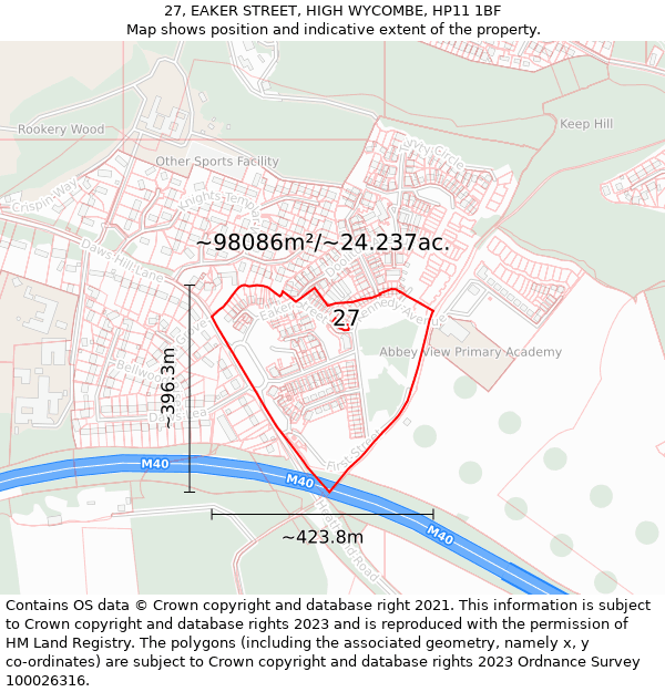 27, EAKER STREET, HIGH WYCOMBE, HP11 1BF: Plot and title map