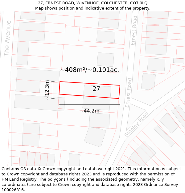 27, ERNEST ROAD, WIVENHOE, COLCHESTER, CO7 9LQ: Plot and title map