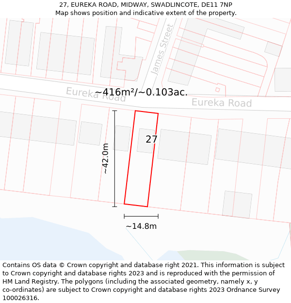 27, EUREKA ROAD, MIDWAY, SWADLINCOTE, DE11 7NP: Plot and title map