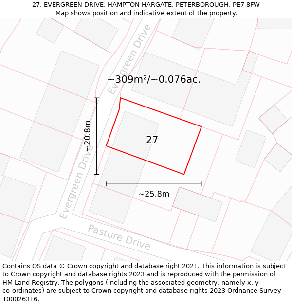 27, EVERGREEN DRIVE, HAMPTON HARGATE, PETERBOROUGH, PE7 8FW: Plot and title map