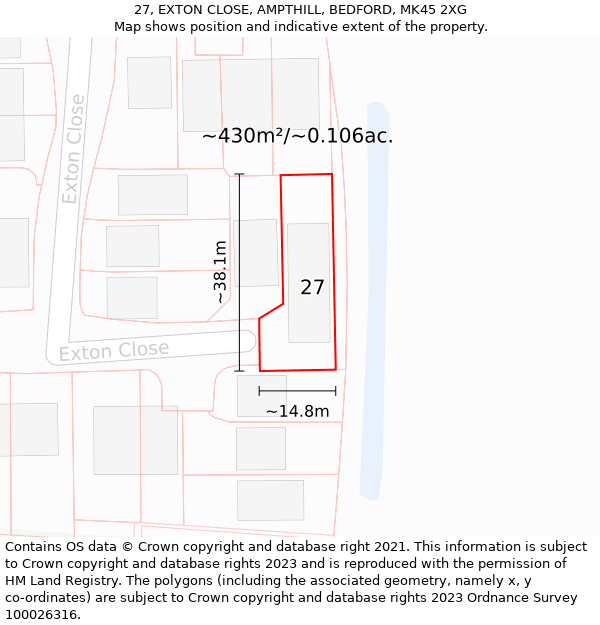 27, EXTON CLOSE, AMPTHILL, BEDFORD, MK45 2XG: Plot and title map