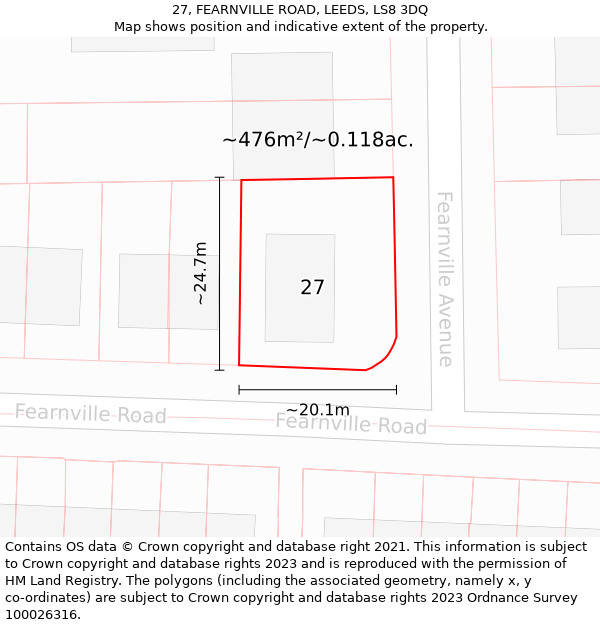 27, FEARNVILLE ROAD, LEEDS, LS8 3DQ: Plot and title map