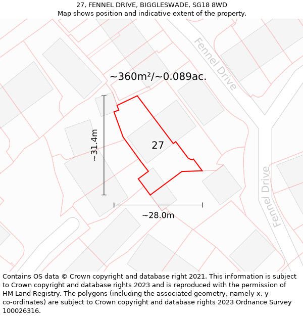 27, FENNEL DRIVE, BIGGLESWADE, SG18 8WD: Plot and title map