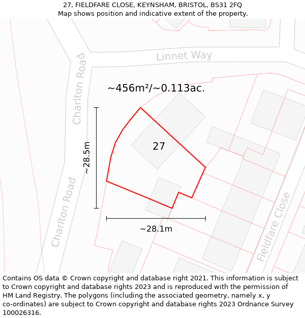 27, FIELDFARE CLOSE, KEYNSHAM, BRISTOL, BS31 2FQ: Plot and title map