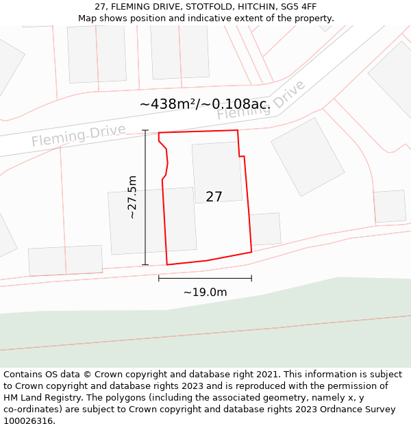 27, FLEMING DRIVE, STOTFOLD, HITCHIN, SG5 4FF: Plot and title map