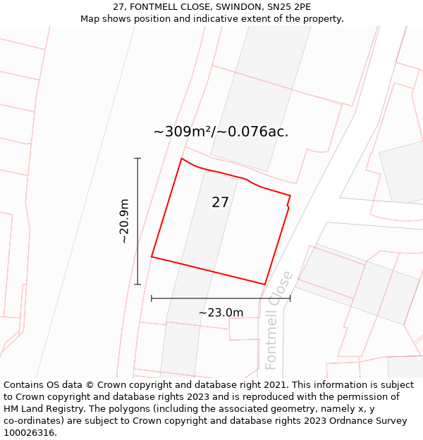 27, FONTMELL CLOSE, SWINDON, SN25 2PE: Plot and title map