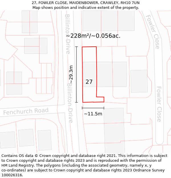 27, FOWLER CLOSE, MAIDENBOWER, CRAWLEY, RH10 7UN: Plot and title map