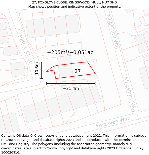 27, FOXGLOVE CLOSE, KINGSWOOD, HULL, HU7 3HD: Plot and title map