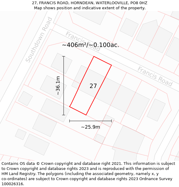 27, FRANCIS ROAD, HORNDEAN, WATERLOOVILLE, PO8 0HZ: Plot and title map