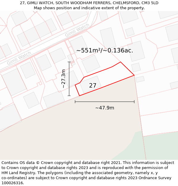 27, GIMLI WATCH, SOUTH WOODHAM FERRERS, CHELMSFORD, CM3 5LD: Plot and title map