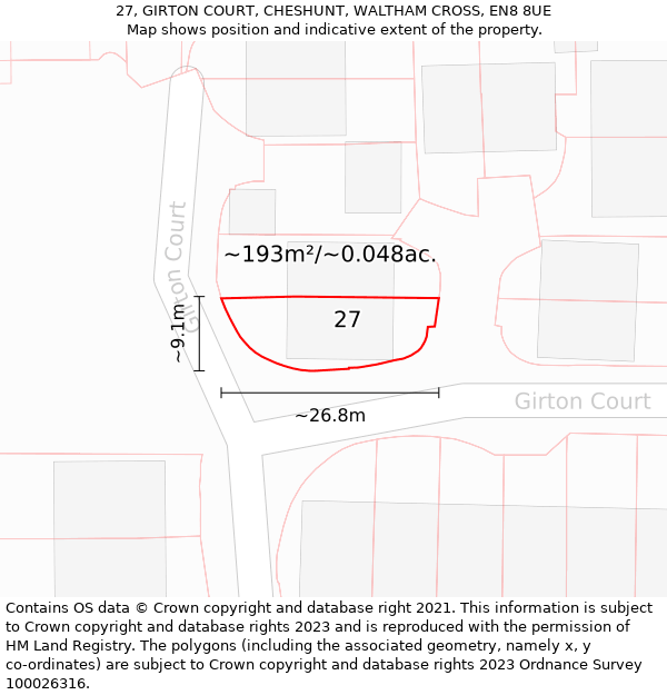 27, GIRTON COURT, CHESHUNT, WALTHAM CROSS, EN8 8UE: Plot and title map