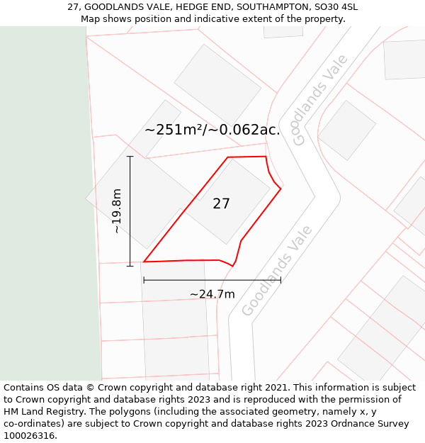 27, GOODLANDS VALE, HEDGE END, SOUTHAMPTON, SO30 4SL: Plot and title map