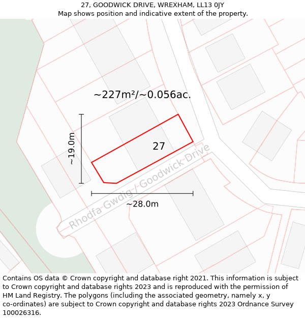 27, GOODWICK DRIVE, WREXHAM, LL13 0JY: Plot and title map