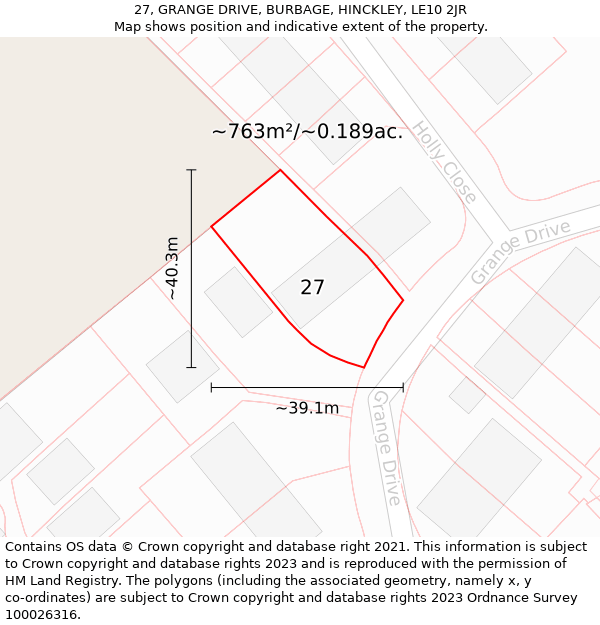 27, GRANGE DRIVE, BURBAGE, HINCKLEY, LE10 2JR: Plot and title map