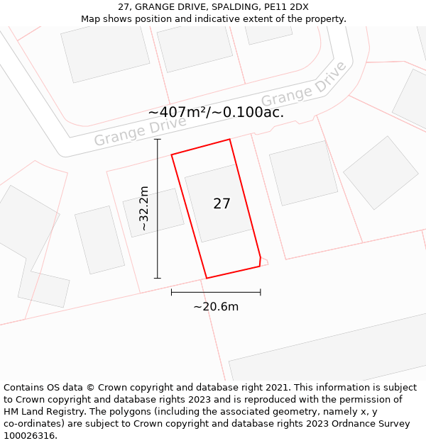 27, GRANGE DRIVE, SPALDING, PE11 2DX: Plot and title map