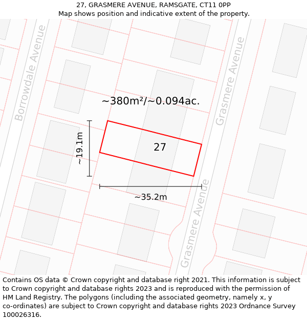 27, GRASMERE AVENUE, RAMSGATE, CT11 0PP: Plot and title map