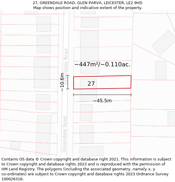 27, GREENDALE ROAD, GLEN PARVA, LEICESTER, LE2 9HD: Plot and title map