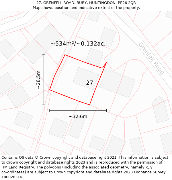 27, GRENFELL ROAD, BURY, HUNTINGDON, PE26 2QR: Plot and title map