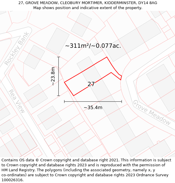 27, GROVE MEADOW, CLEOBURY MORTIMER, KIDDERMINSTER, DY14 8AG: Plot and title map