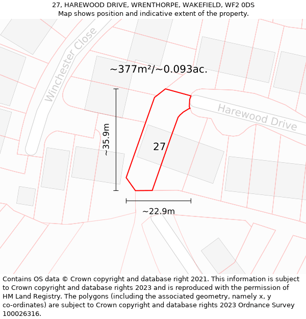 27, HAREWOOD DRIVE, WRENTHORPE, WAKEFIELD, WF2 0DS: Plot and title map