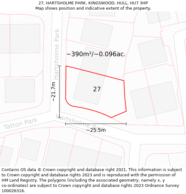 27, HARTSHOLME PARK, KINGSWOOD, HULL, HU7 3HP: Plot and title map